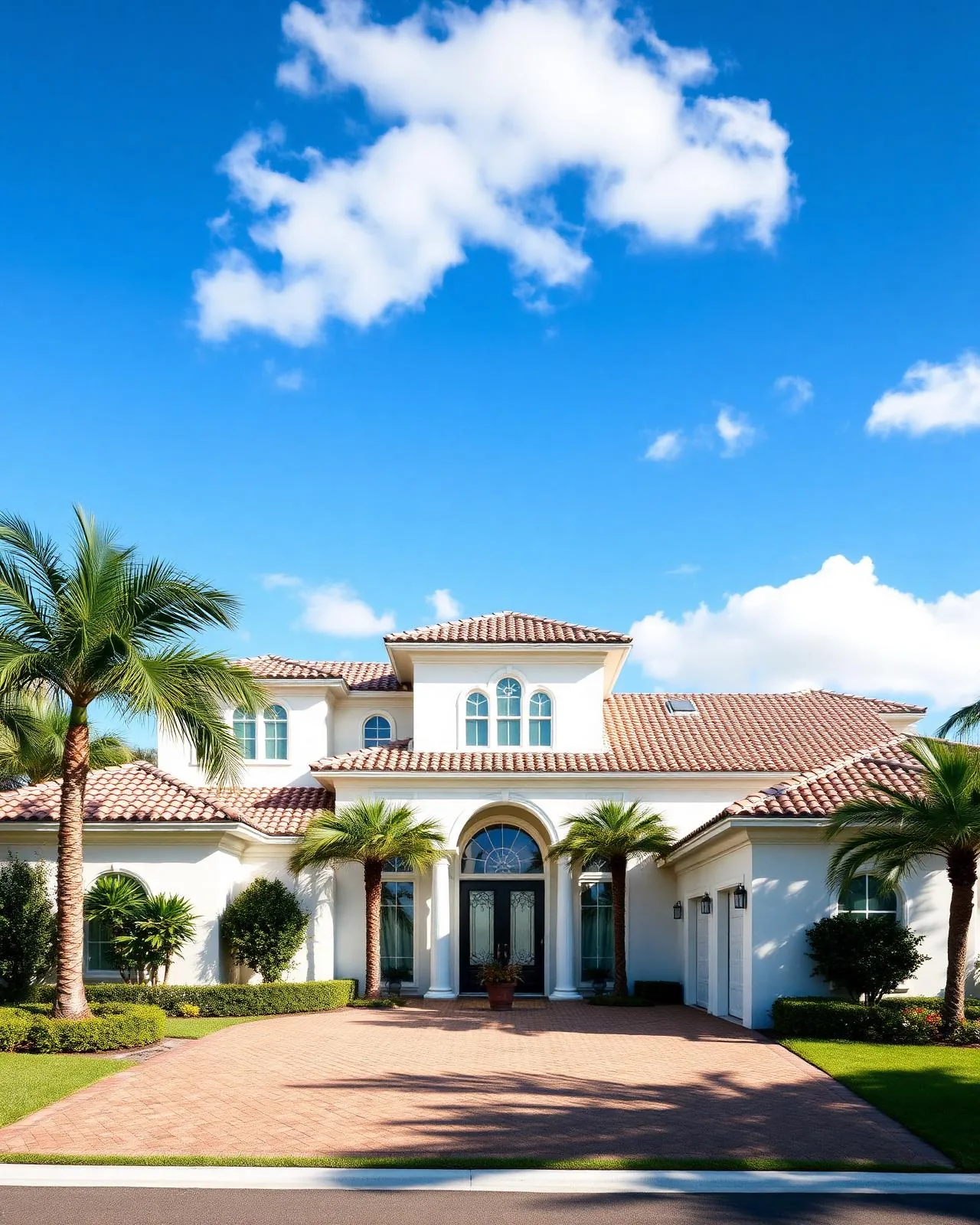 Freshly soft washed South Florida stucco home with a clean tile roof in bright sunlight