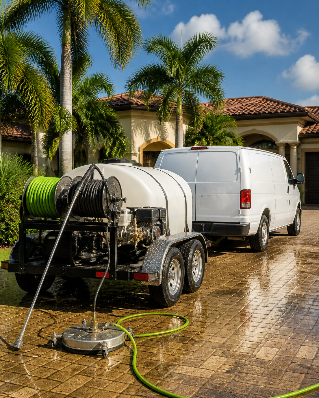 Aura Pro Wash service van and pressure washing trailer rig set up on a South Florida driveway
