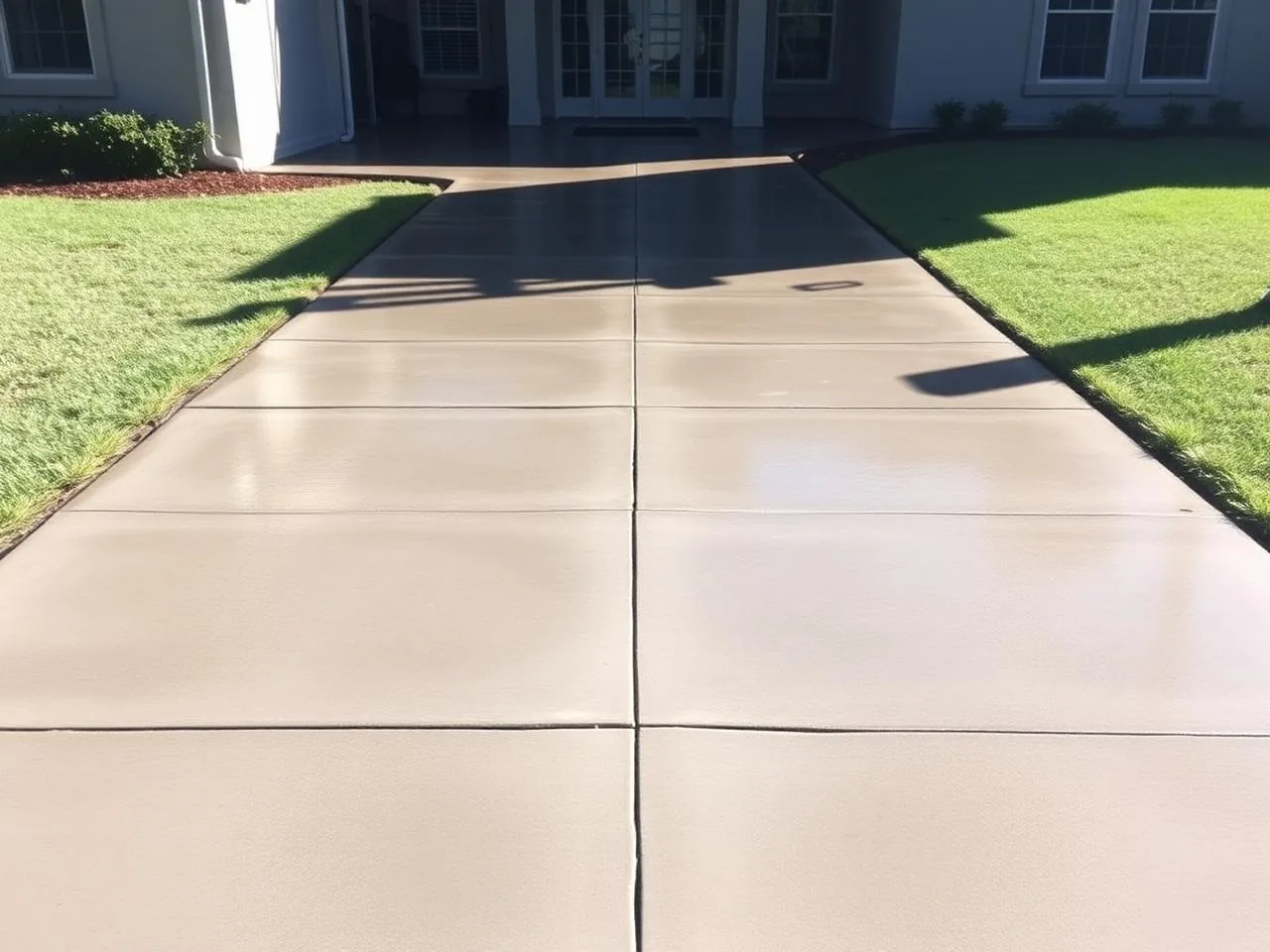 Clean concrete driveway with sharp even color after pressure cleaning