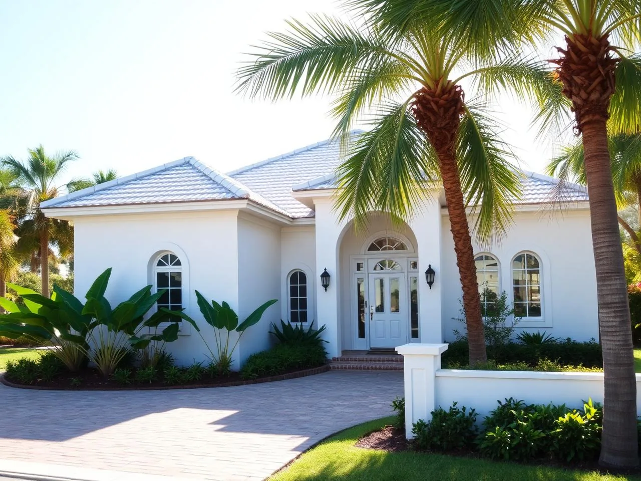 Bright white stucco South Florida house exterior after a full house wash