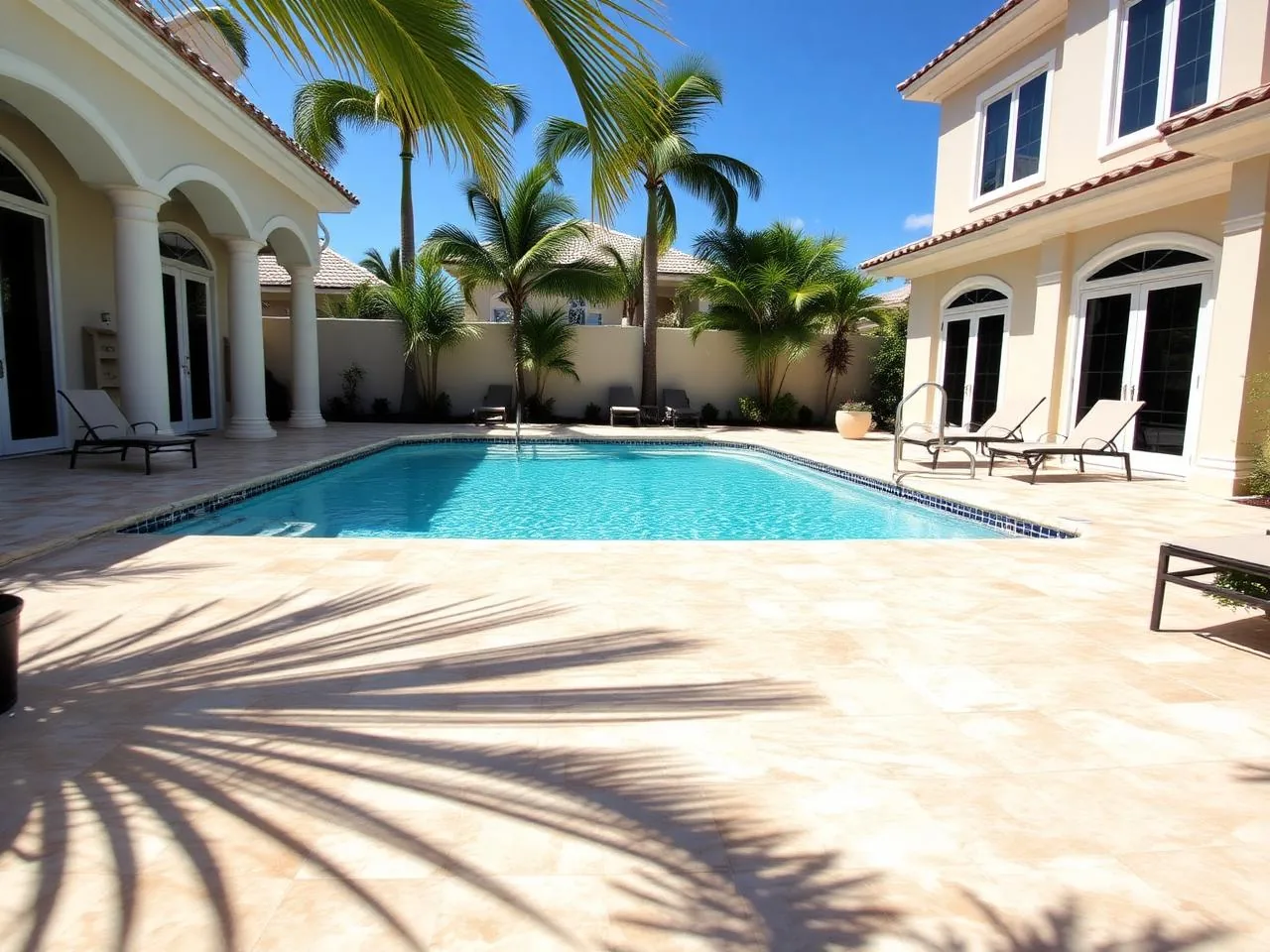 Luxury pool deck cleaned and brightened beside turquoise pool water