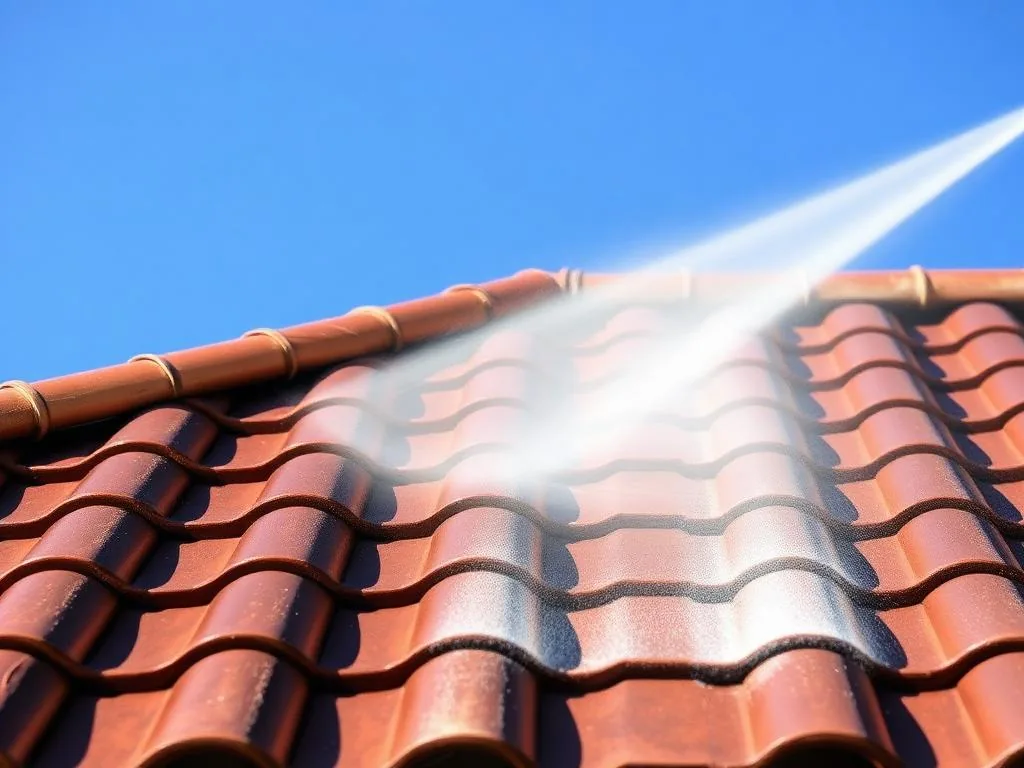 Low pressure soft wash spray cleaning algae streaks from a Miami barrel tile roof