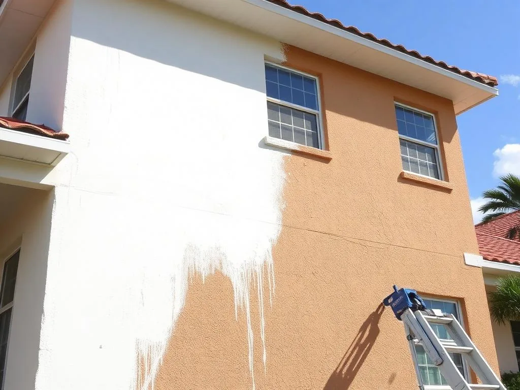 Soft wash foam applied to a South Florida stucco house wall