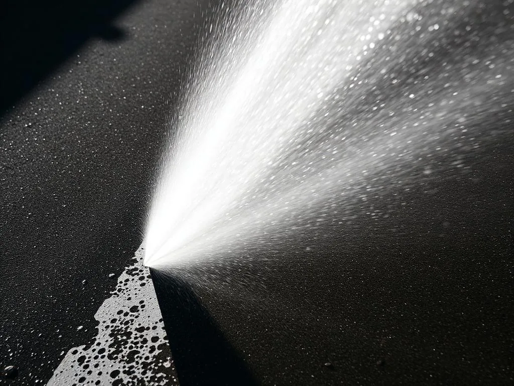 High pressure water jet removing grime from a dark concrete surface