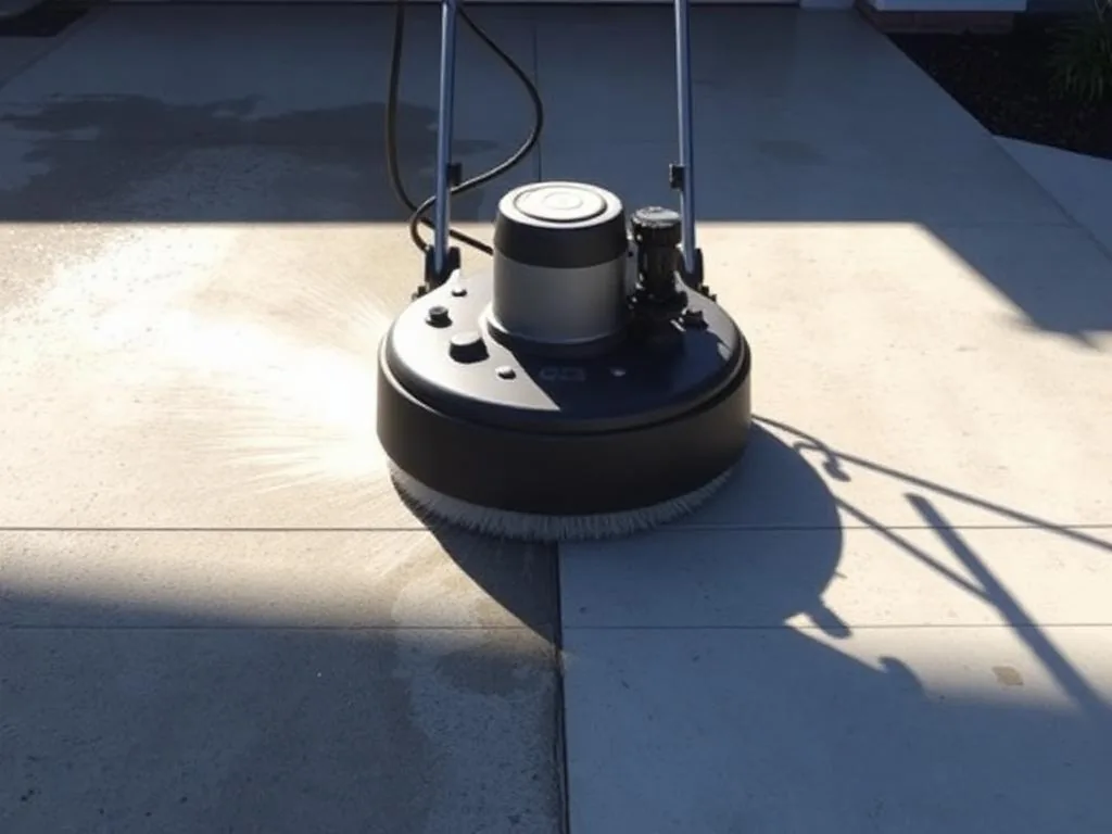 Rotary surface cleaner brightening a stained Miami concrete driveway