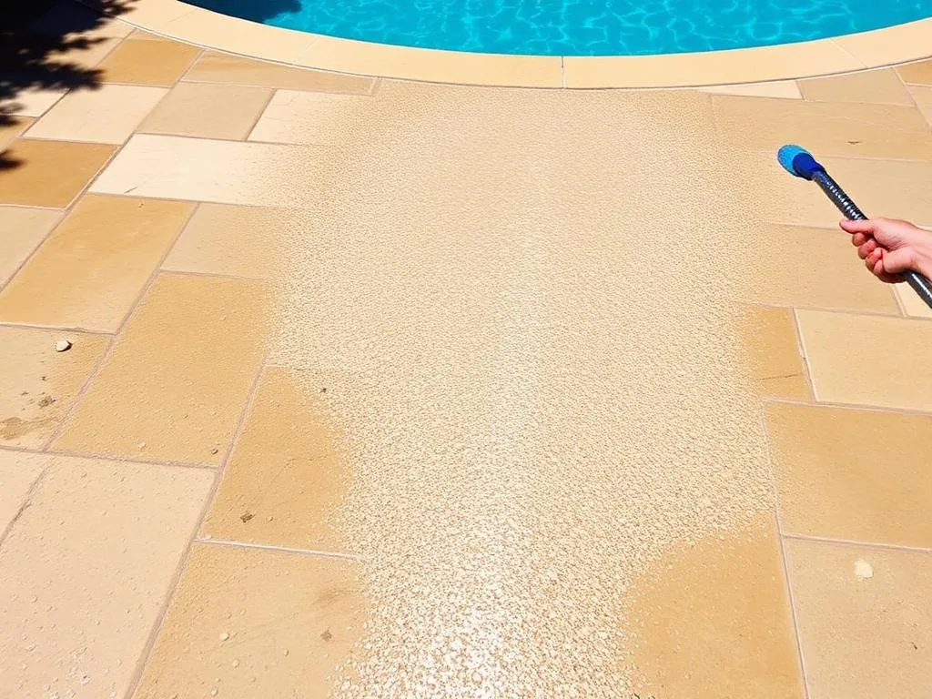 Pool deck pavers being pressure washed beside turquoise pool water