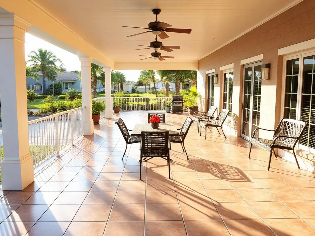Freshly cleaned covered patio with tile flooring at a Florida home