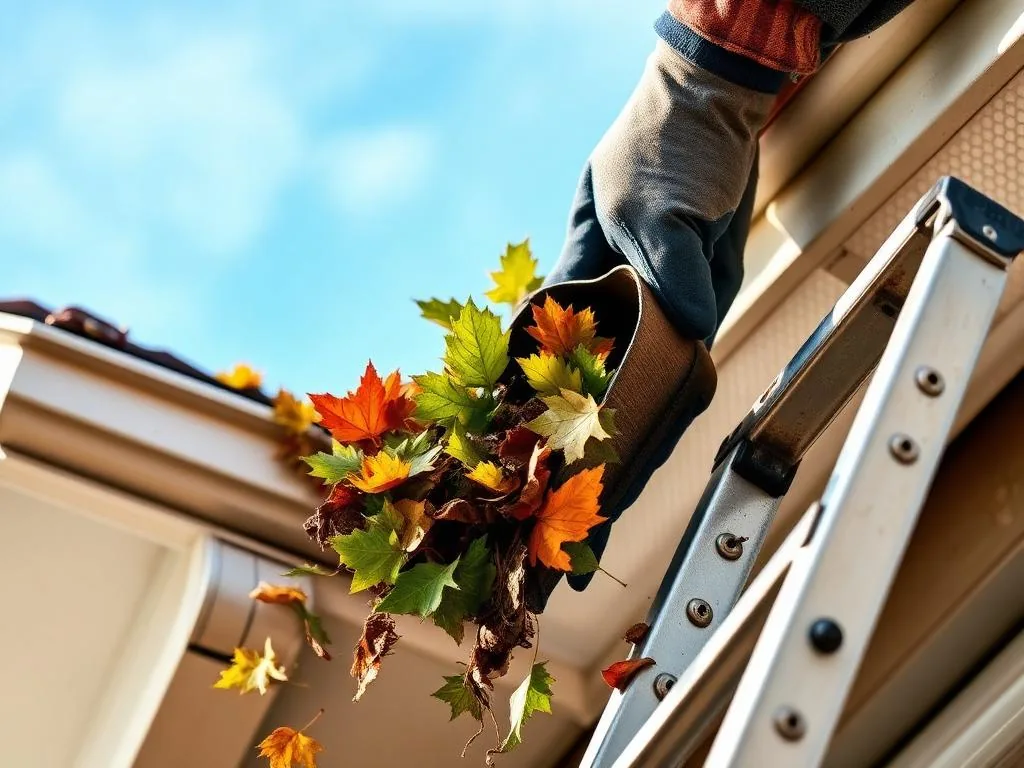 Gloved hands removing leaves and debris from a house gutter