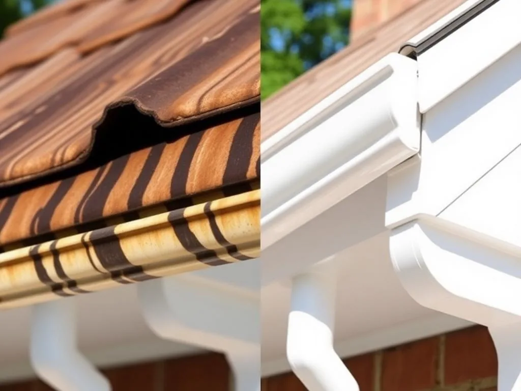 House gutter half stained with black tiger stripes and half brightened white