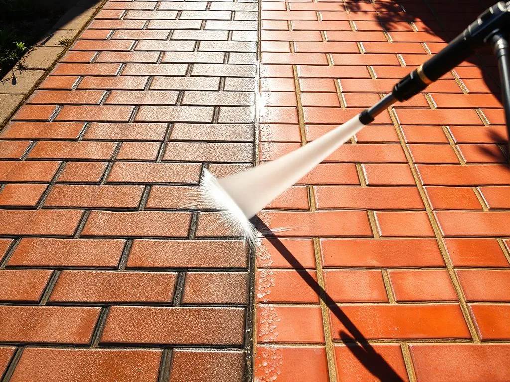 Pressure washer wand revealing vivid clean pavers on a Miami walkway