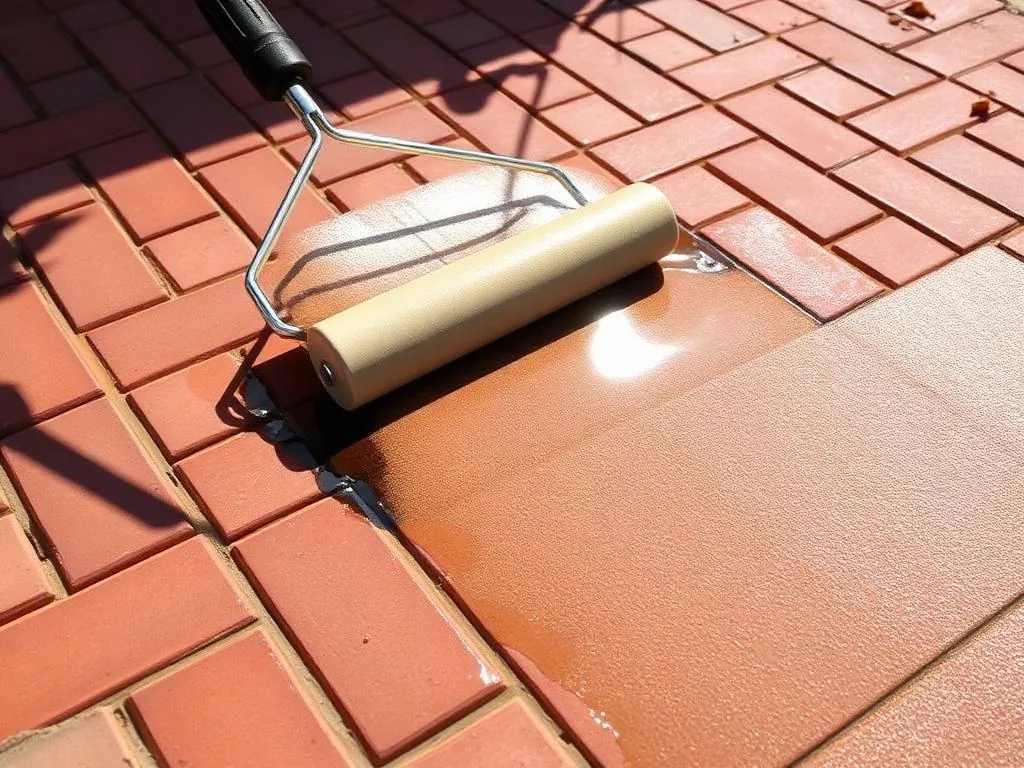 Sealer being rolled onto clean brick pavers for a rich restored finish