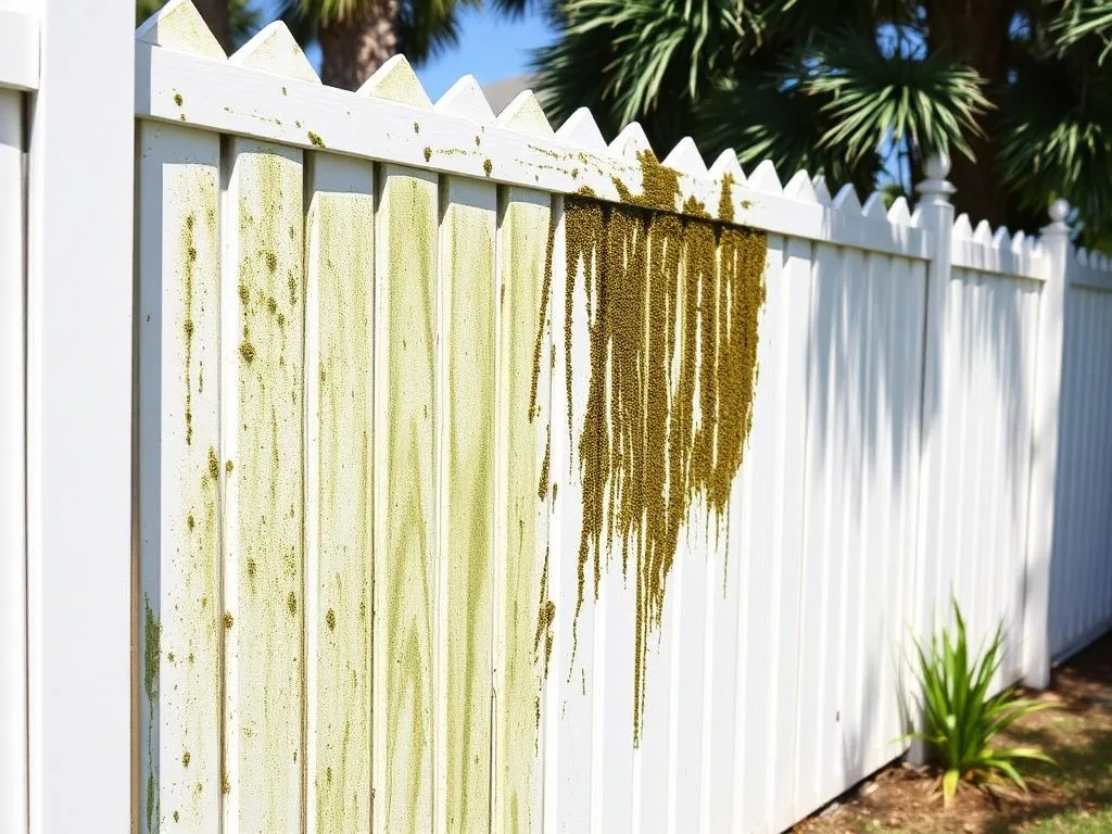 White vinyl fence half covered in mildew and half washed bright white