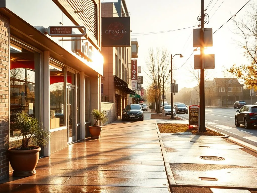 Commercial storefront sidewalk being pressure washed early in the morning