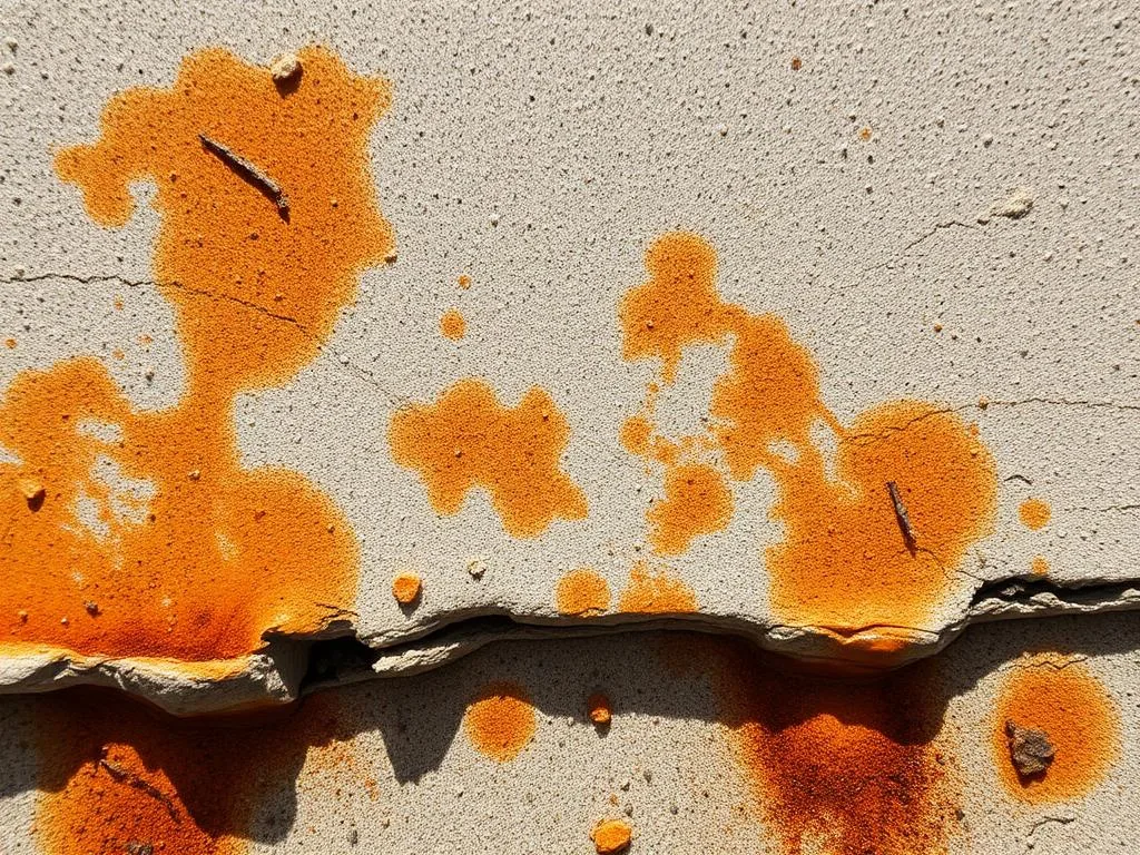 Orange rust irrigation stain lifting away from light Florida concrete