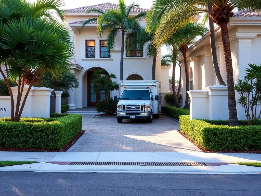 Well maintained South Florida property with clean walkways and a service truck