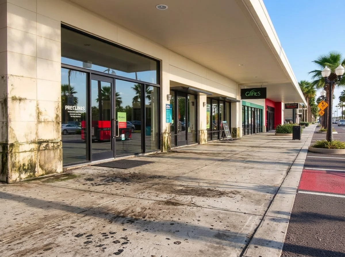 Commercial storefront walkway with stained concrete before cleaning