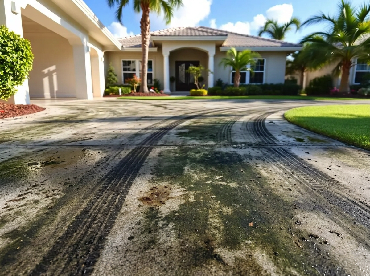 Concrete driveway darkened by dirt and tire marks before cleaning