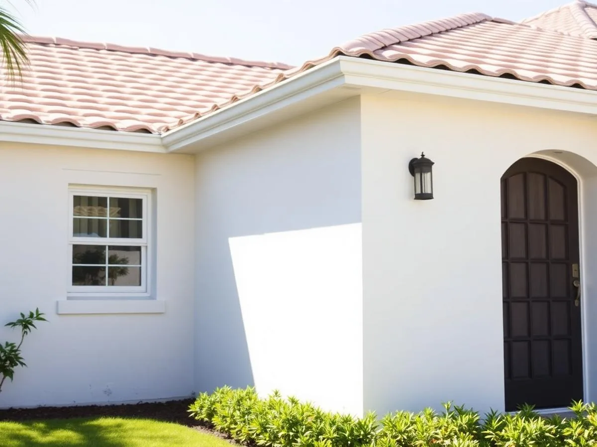 The same stucco wall bright and clean after a house wash