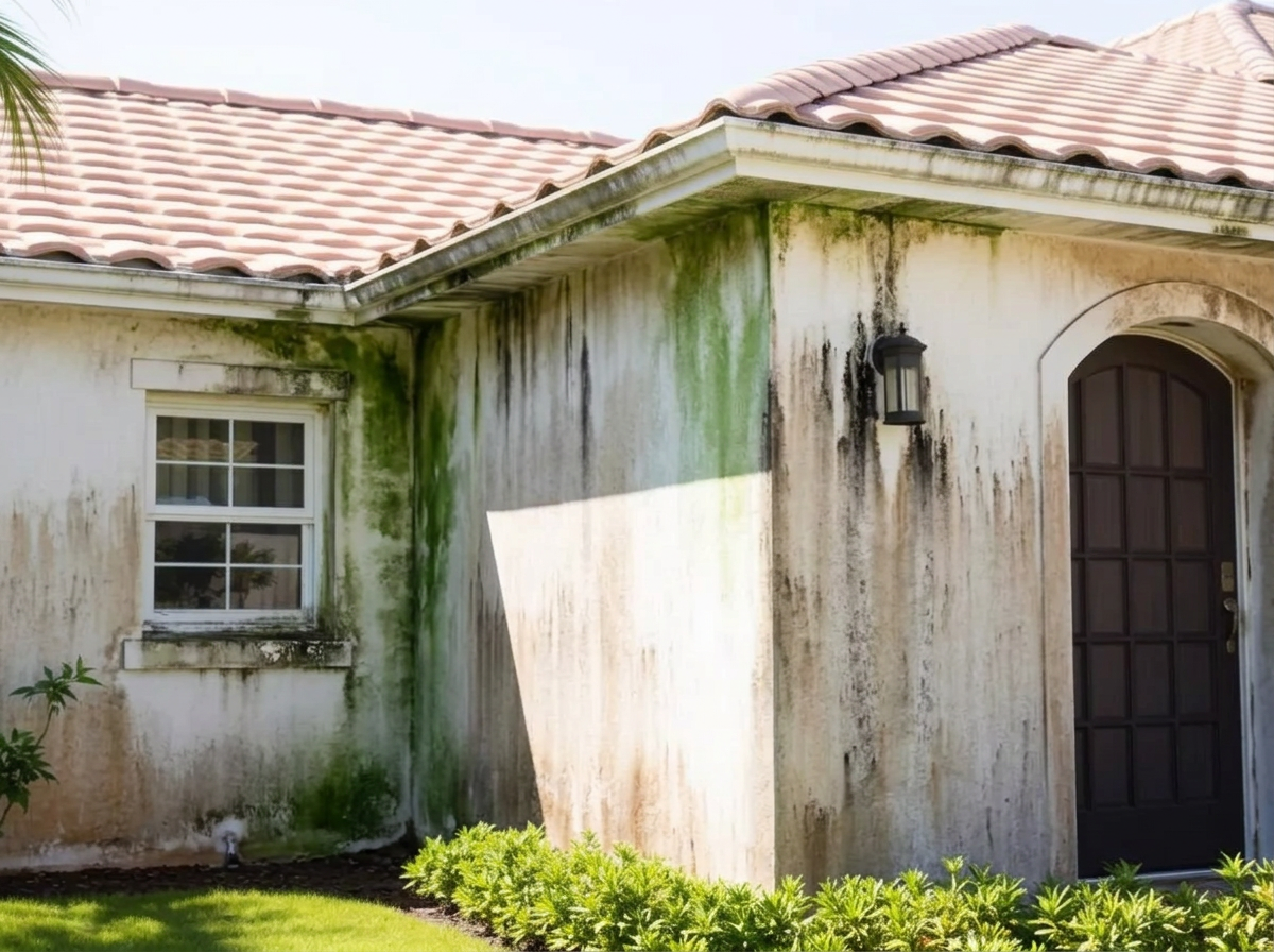 Stucco house wall stained with mildew before a house wash