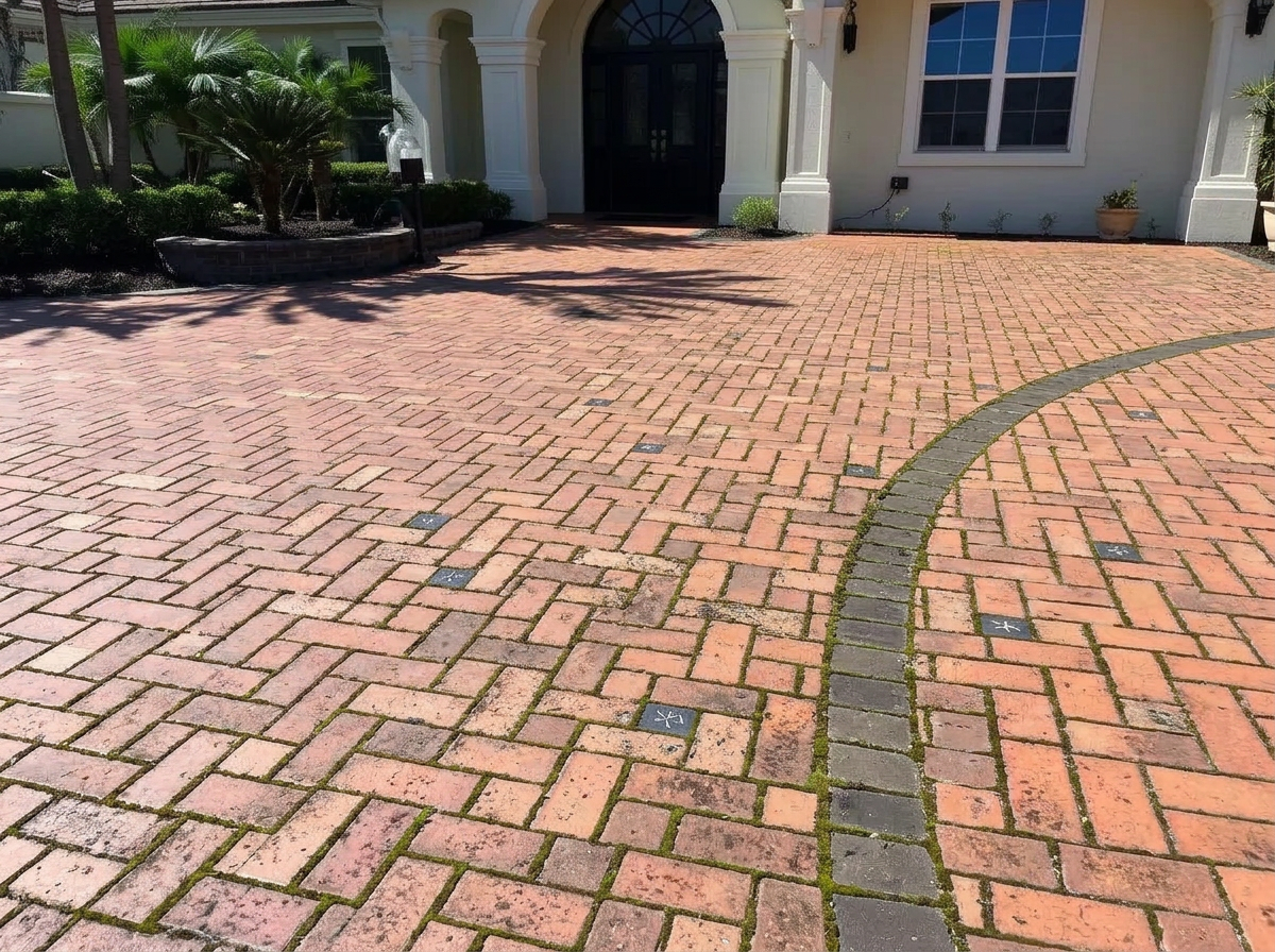Brick pavers dulled by algae and weathering before cleaning