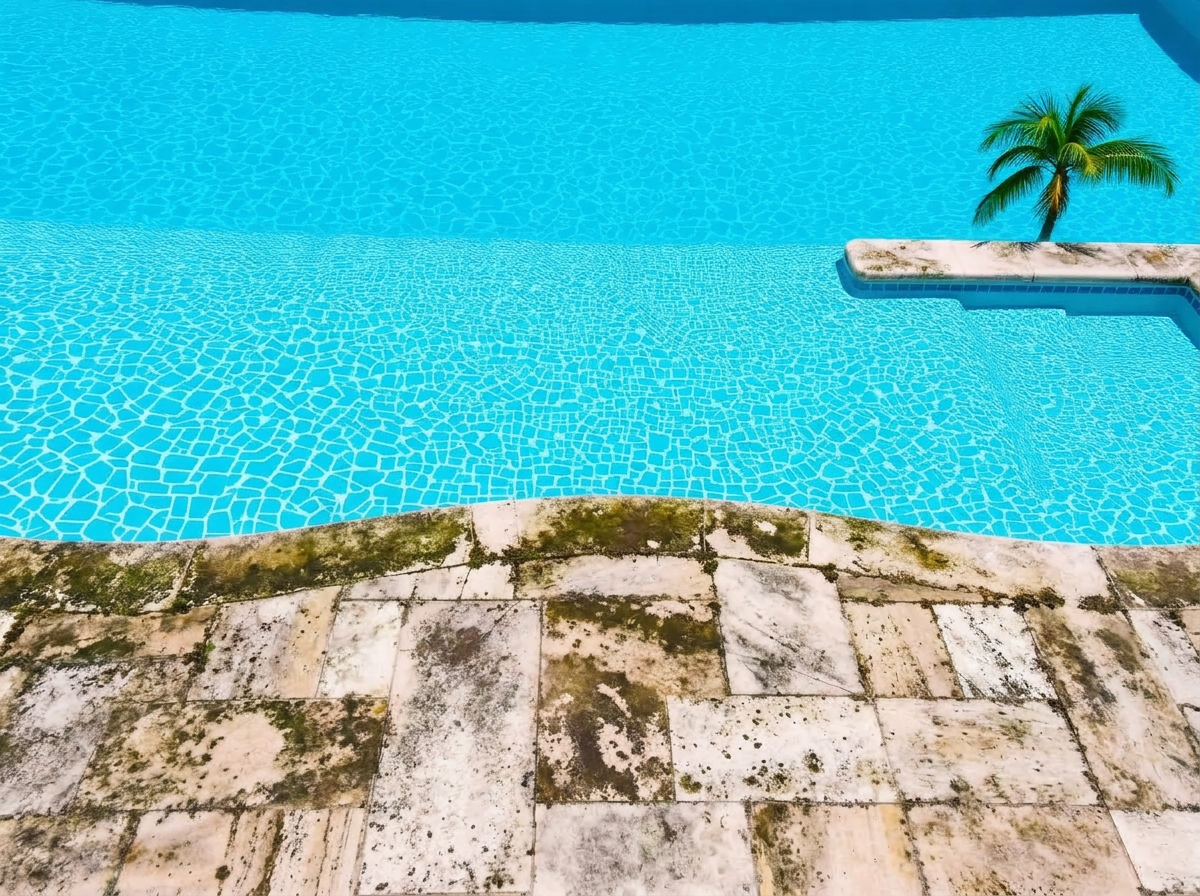 Pool deck with grimy mildewed stone surface before cleaning