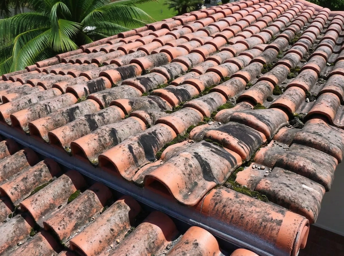 Miami tile roof covered in black algae streaks before soft washing