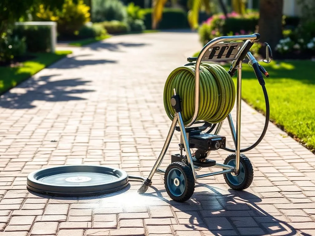 Professional pressure washing equipment and hose reel staged at a job site