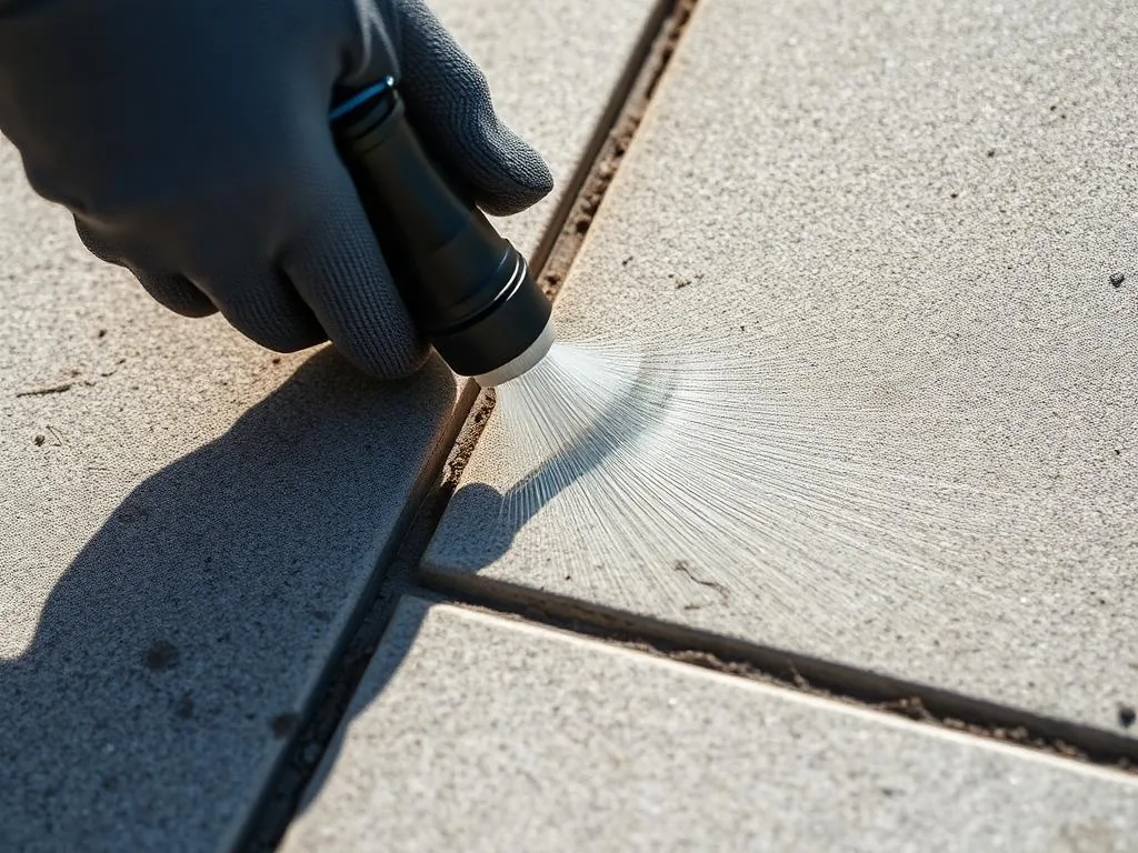 Close detail work cleaning the edge of a walkway with a pressure washer