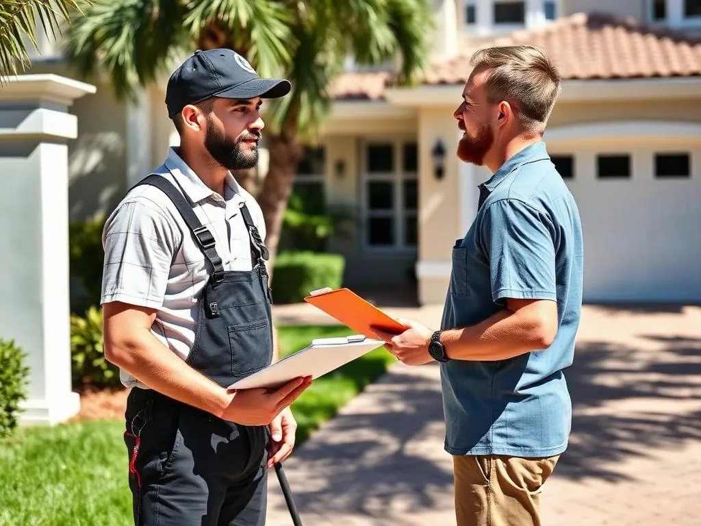 Technician talking with a homeowner in front of a South Florida house