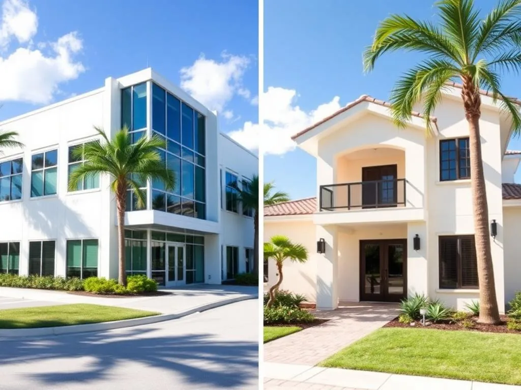 Modern commercial building exterior beside a clean residential street